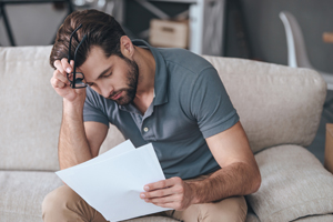 Young man looking frustrated with bills in hand